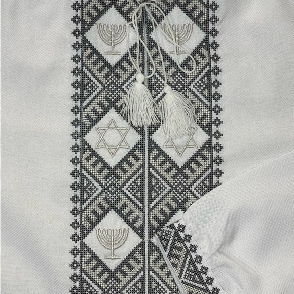 White Men’s Embroidered Shirt with Jewish Symbols - Picture 6 of 6